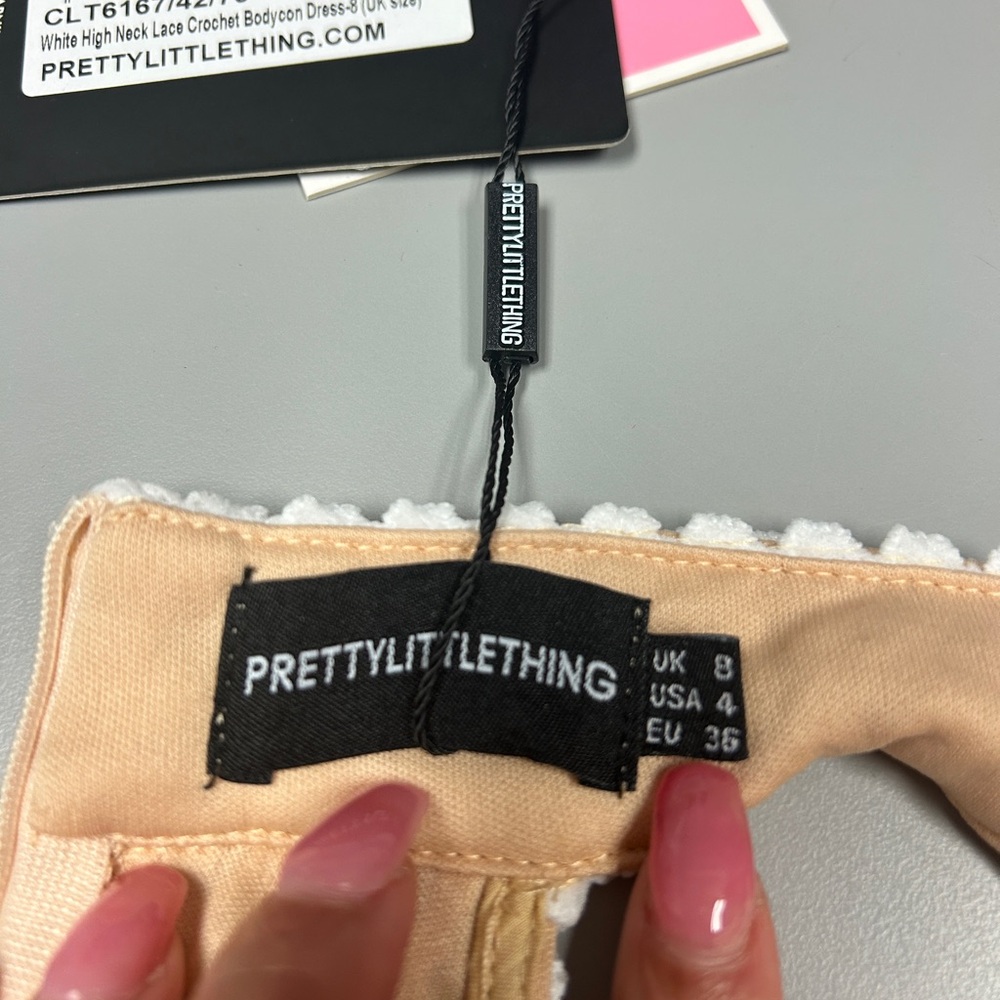 NWT  PRETTY LITTLE THING WHITE HIGH NECK LACE CROCHET BODYCON DRESS 8 - Picture 5 of 5